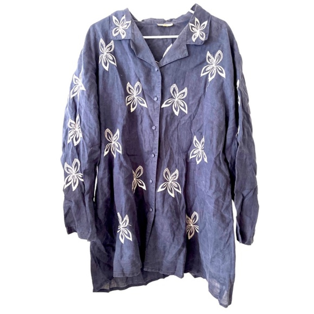 RAVEL 100% Linen Embroidered Blue Button Down Tunic Top in Navy/White‎